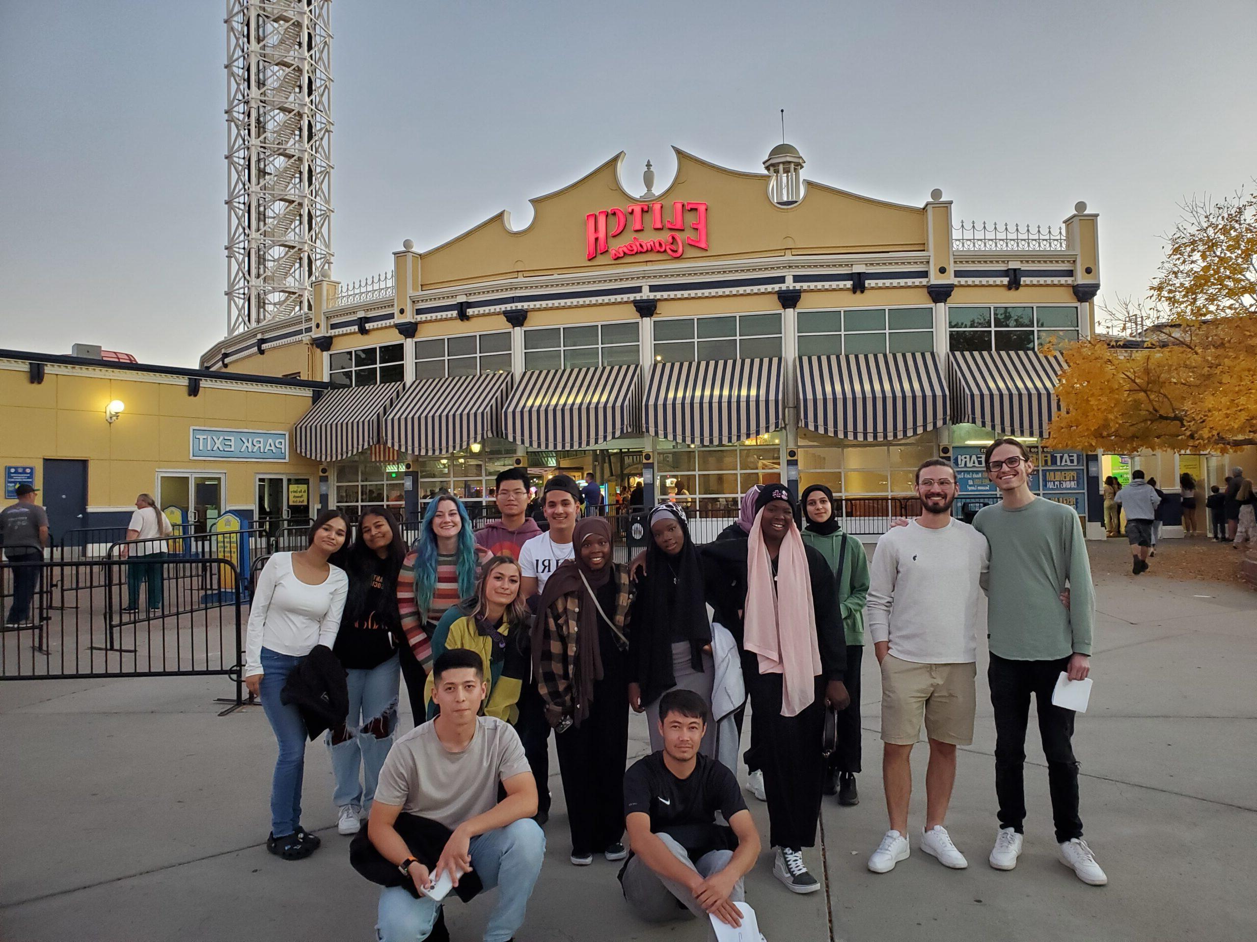 Western Union Scholars Group Photo at the front entrance of Elitch Gardens